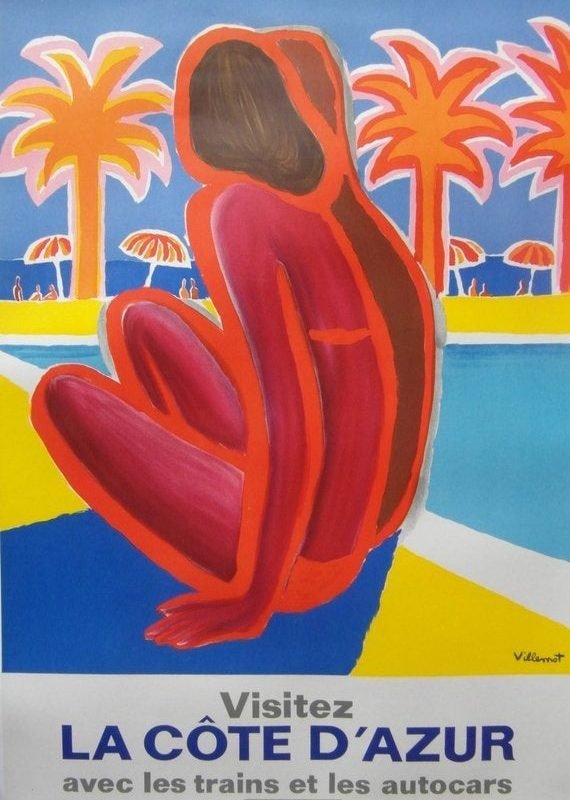Original 1968 French National Railways Travel/Destination Poster by Bernard Villemot Promoting the 'Cote D'Azur'