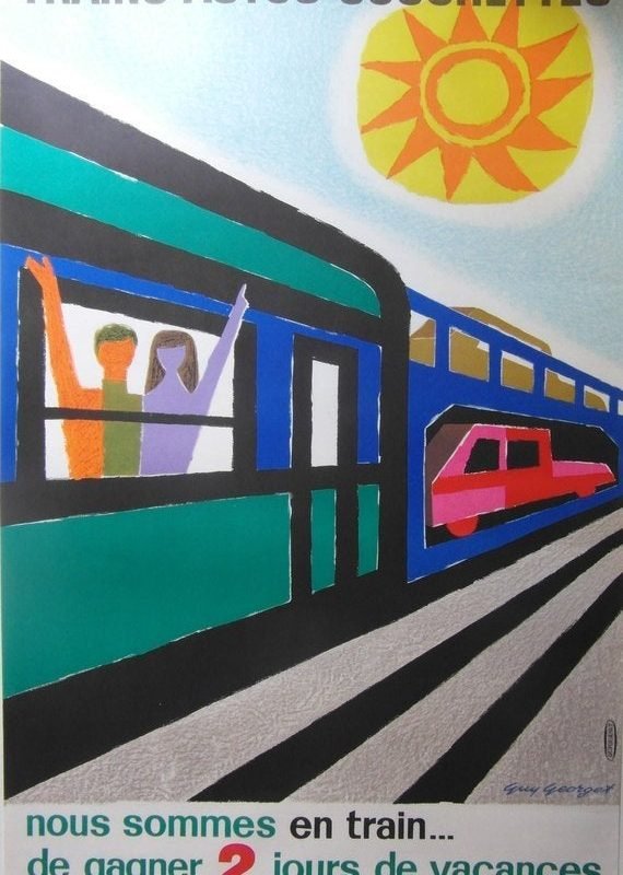 Original 1967 Guy Georget, Small Format French National Railways Poster 'Trains Autos Couchettes'