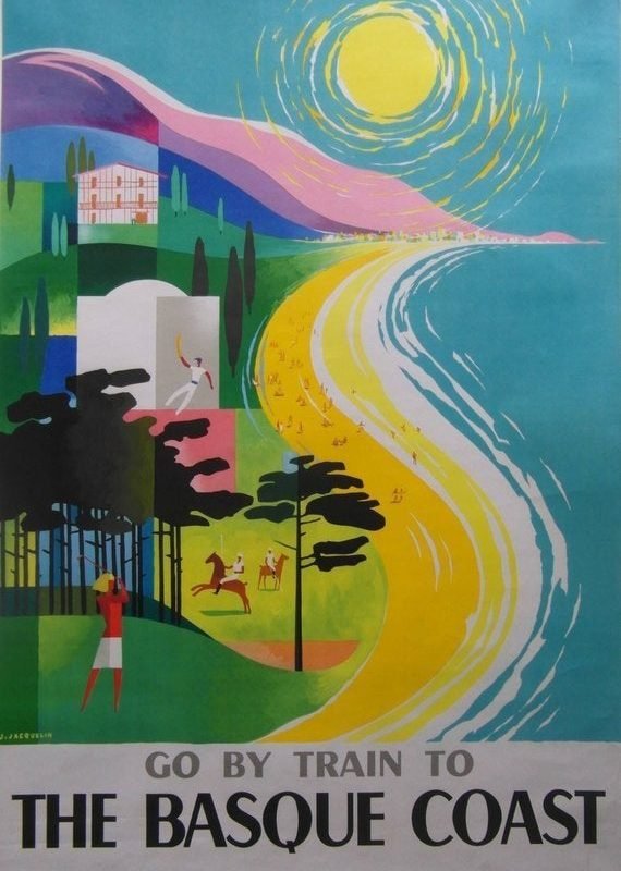 Original 1964 French National Railways Poster ' Go by Train to the Basque Coast'