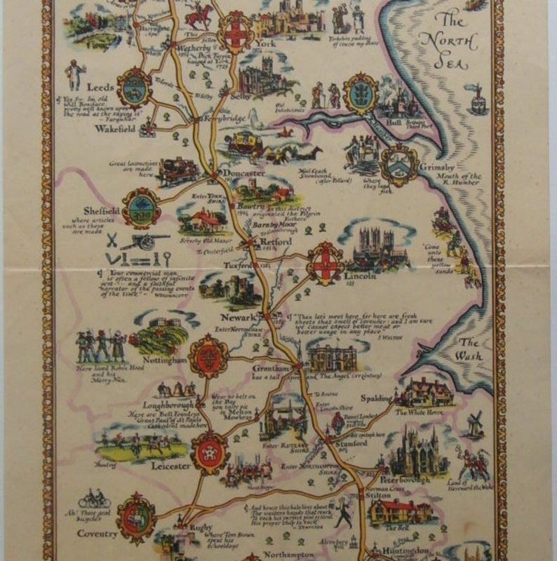 Original 1930 Pictorial Map 'Pratts High Test Map of the Great North Road' by A.E. Taylor